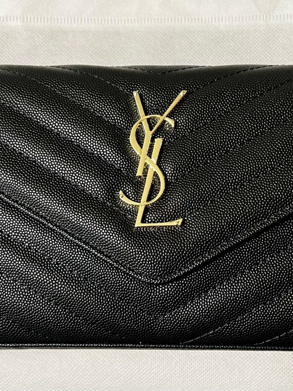 Saint Laurent Black Quilted Leather Envelope Clutch with Gold YSL